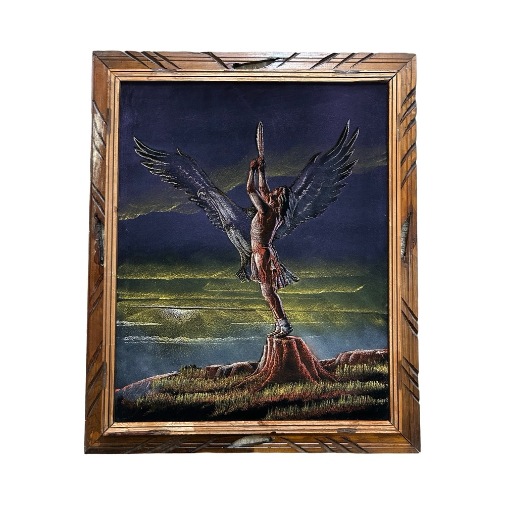 Vintage Black Velvet Painting Winged Native American Figure Carved Wood Frame